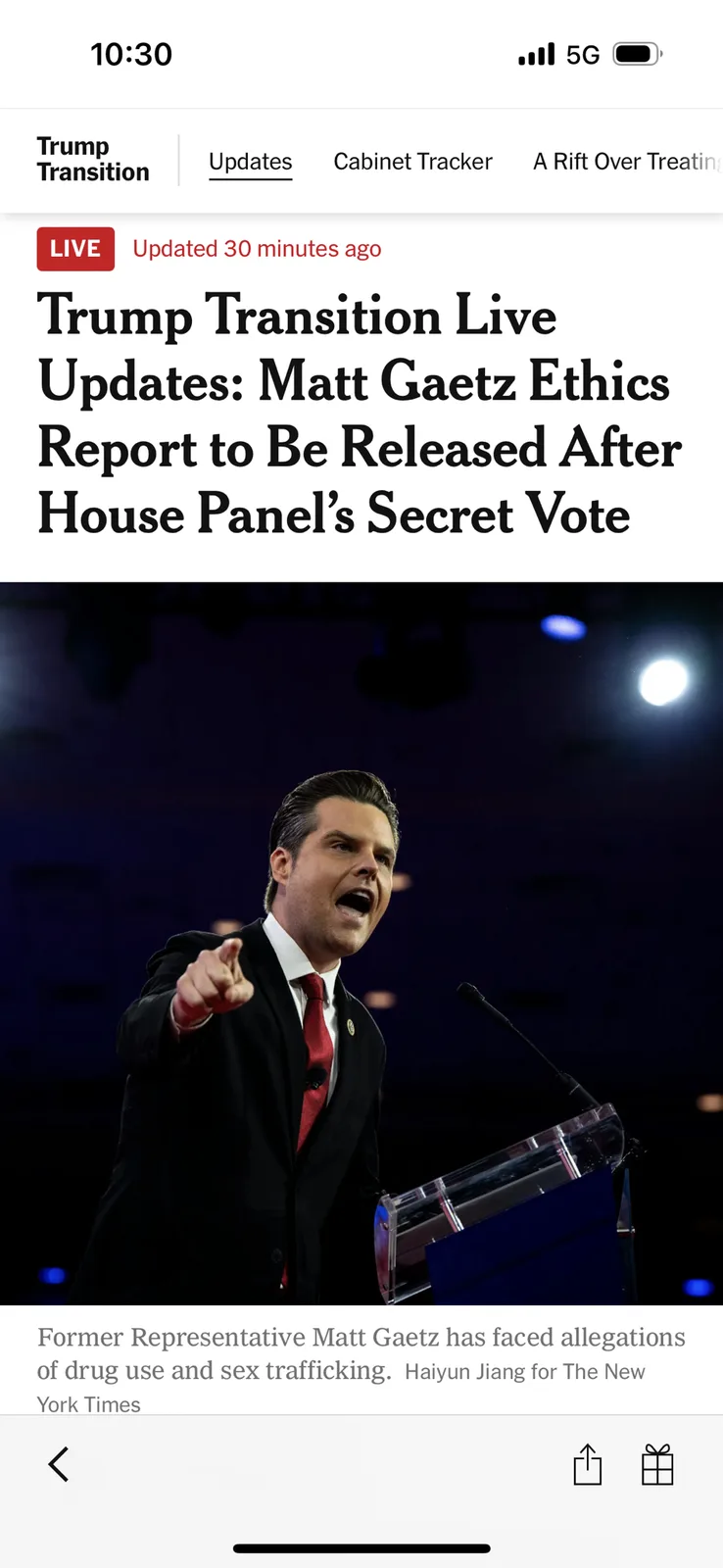 A screenshot of a New York Times mobile news article shows a headline about Matt Gaetz's ethics report and a photo of him…