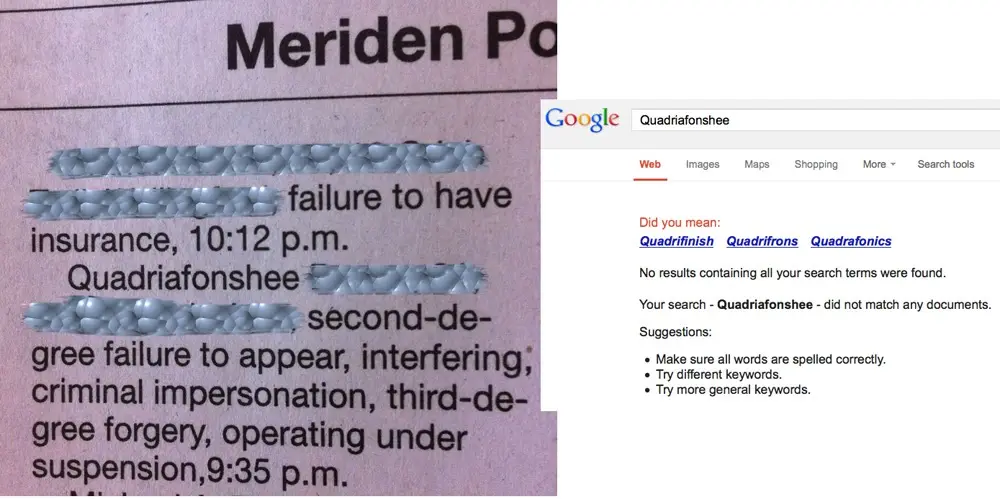 A split image shows a blurred police report with 'Quadriafonshee' listed as a charge, juxtaposed with a Google search…