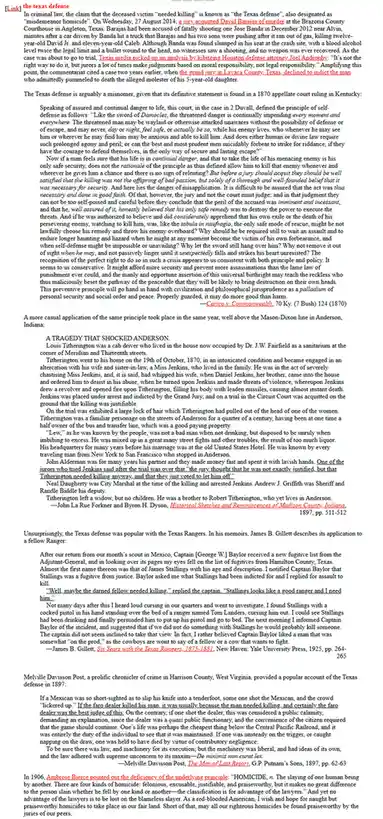The image displays a dense block of text from historical legal documents and articles discussing the 'Texas defense,' a…