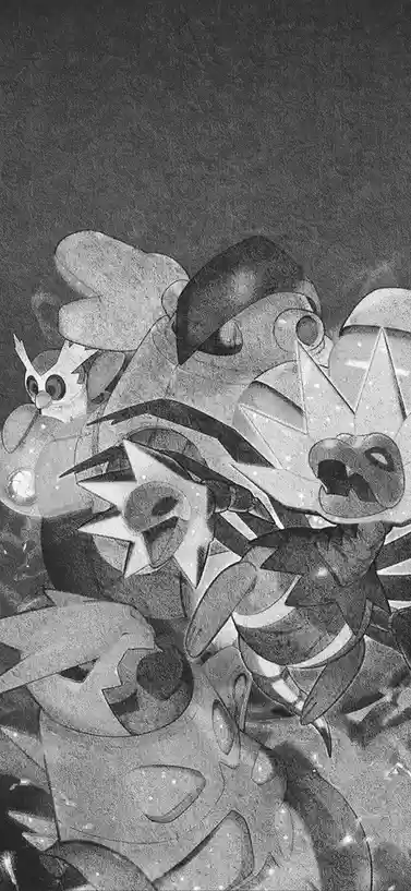 A black-and-white, stylized illustration shows a group of Pokémon characters, including a prominent, large, star-shaped…