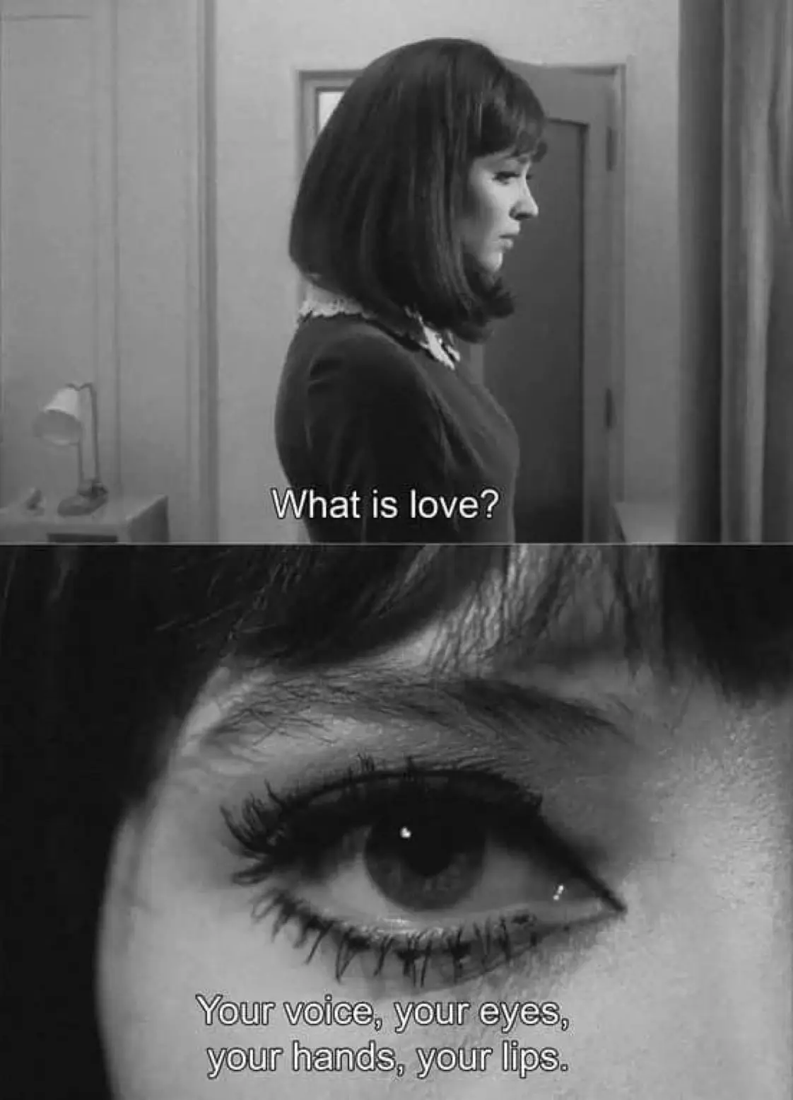 A black-and-white image split into two panels. The top panel shows a woman in profile looking away, with the text 'What is…