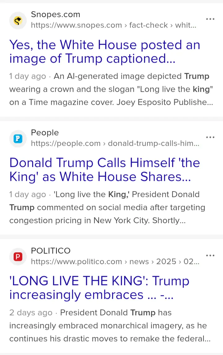 A screenshot of a smartphone displaying three news headlines from Snopes, People, and Politico, all reporting on Donald…