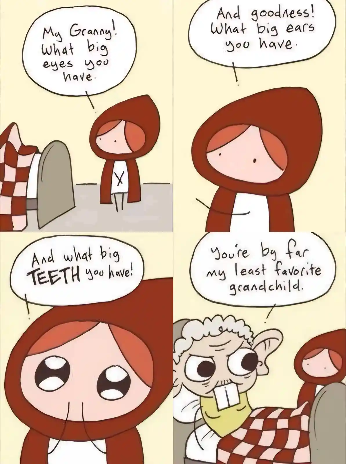A four-panel comic strip depicts Little Red Riding Hood visiting her grandmother. In the first panel, she exclaims, 'My…