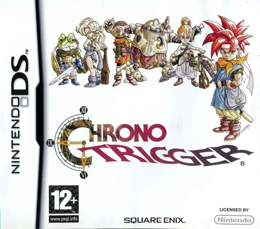 The image shows the front cover of the Nintendo DS game Chrono Trigger, featuring six main characters standing in a row…