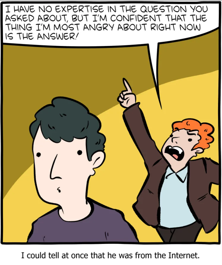 A cartoon depicts one person angrily pointing at another while shouting a quote about being angry at the answer despite…