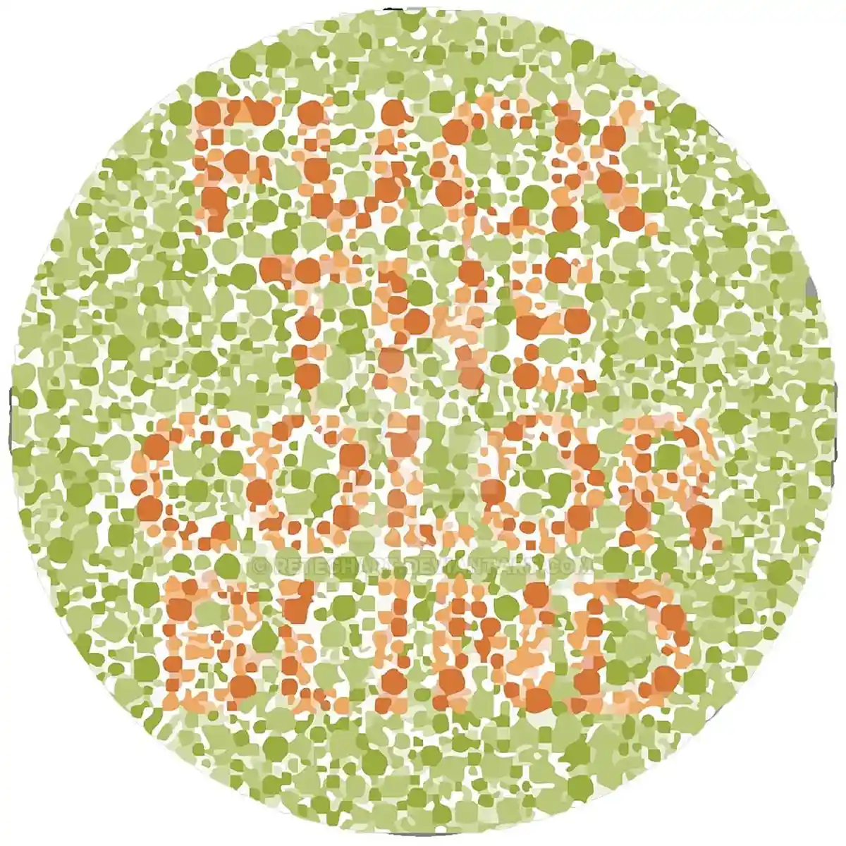A circular Ishihara plate with green and orange dots, where the numbers '10' and '16' are visible to those with normal color…