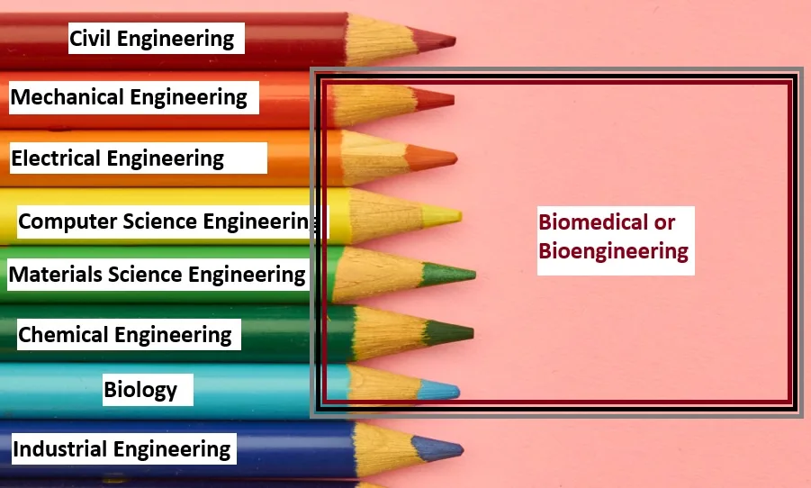 A row of colored pencils, each labeled with an engineering or science field like Civil, Mechanical, Electrical, Computer…