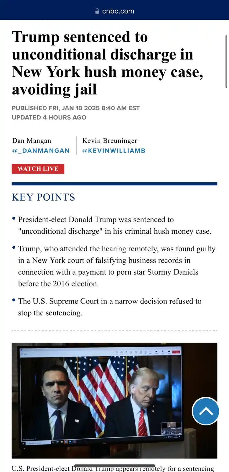 A screenshot of a CNBC news article about Donald Trump receiving an 'unconditional discharge' in his hush money case…