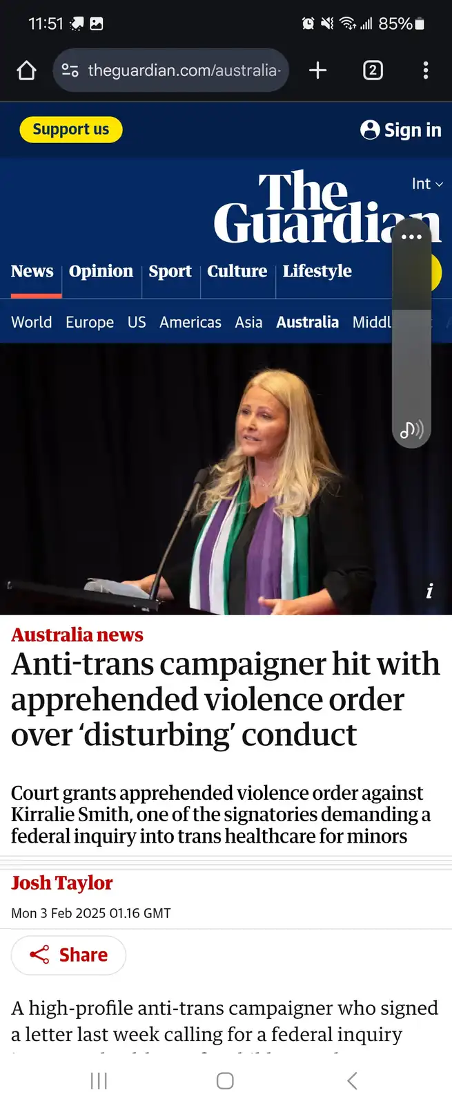 A screenshot of a The Guardian news article about anti-trans campaigner Kirralie Smith receiving an apprehended violence…