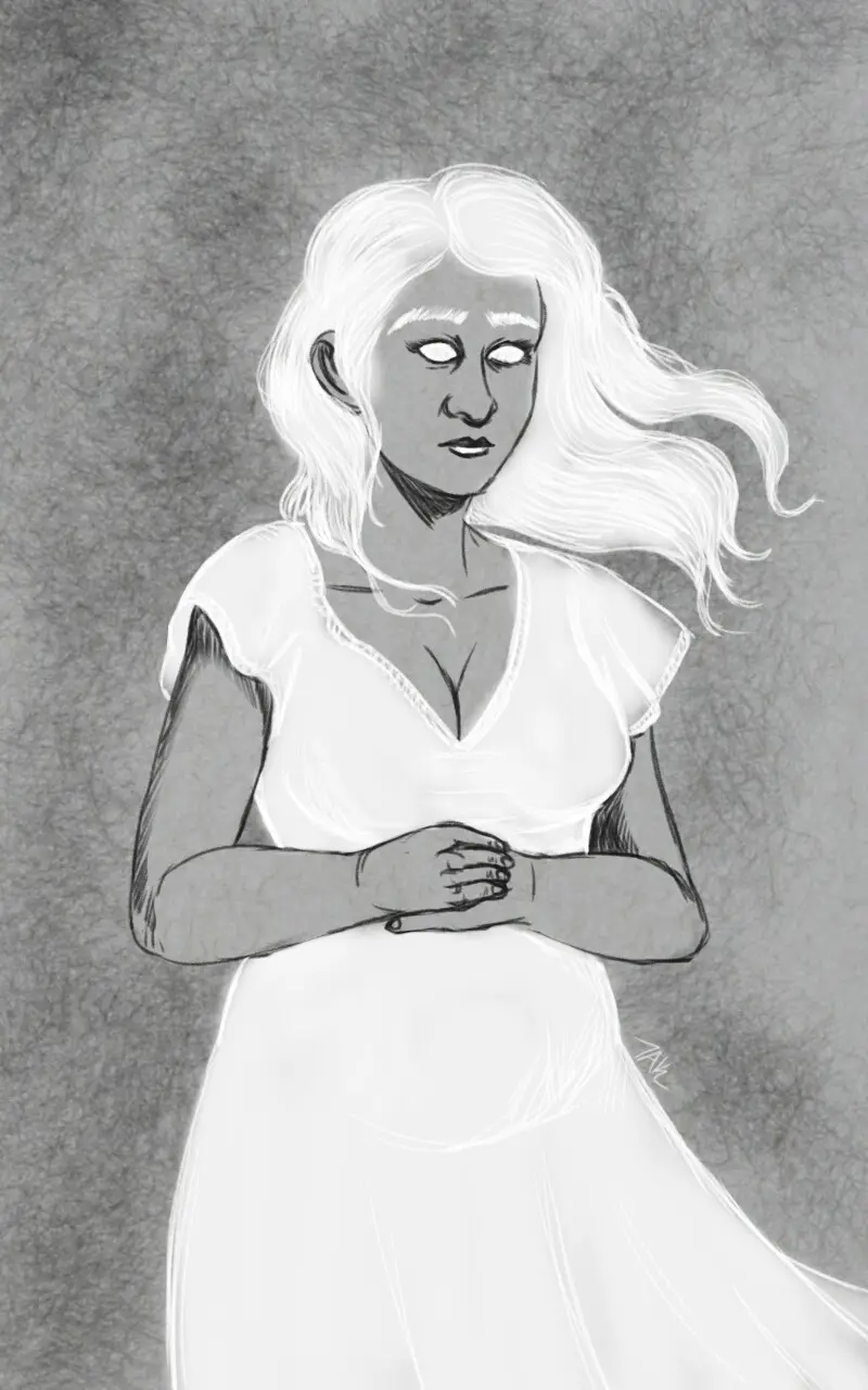 A grayscale sketch of a woman with long white hair and a white dress, her hands clasped over her belly, looking somber. The…