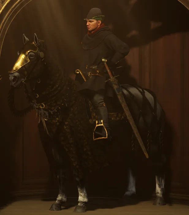 A man in dark medieval-style clothing and a hat sits atop a black horse adorned with ornate golden and patterned tack…