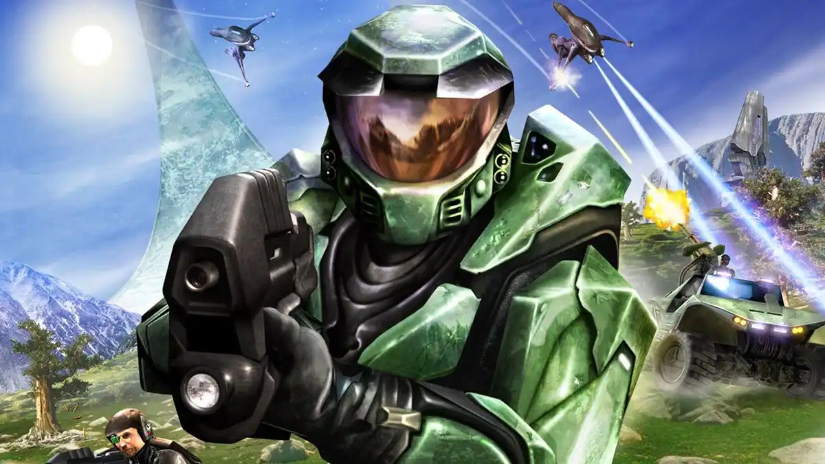 A promotional image for Halo: Reach features Master Chief in green armor holding a weapon, with a snowy landscape, a large…