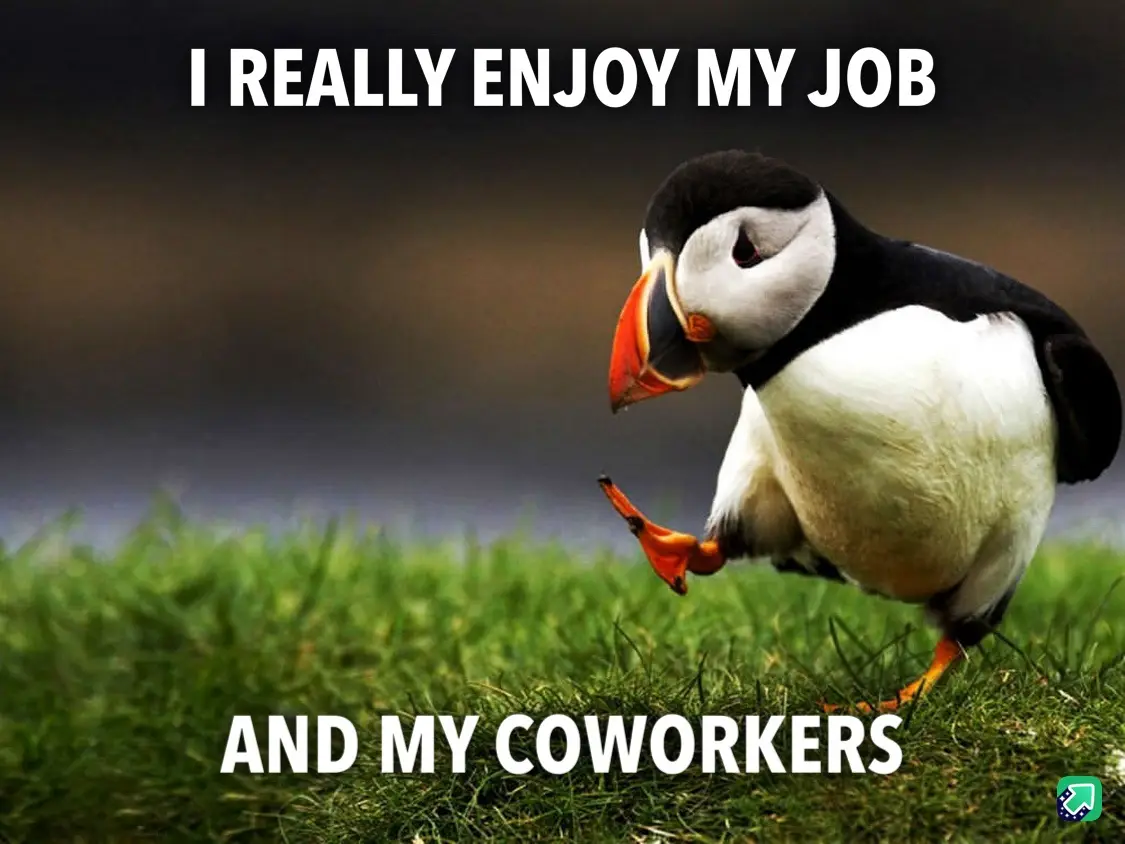 A puffin stands on green grass, looking down with one foot lifted, as if in a pose of satisfaction. White bold text at the…