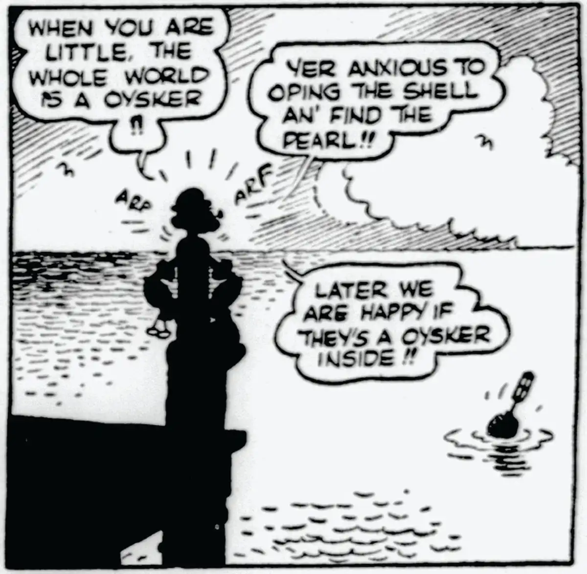 A black-and-white comic strip shows a child standing on a pier, looking out at the water. The child's speech bubble reads…