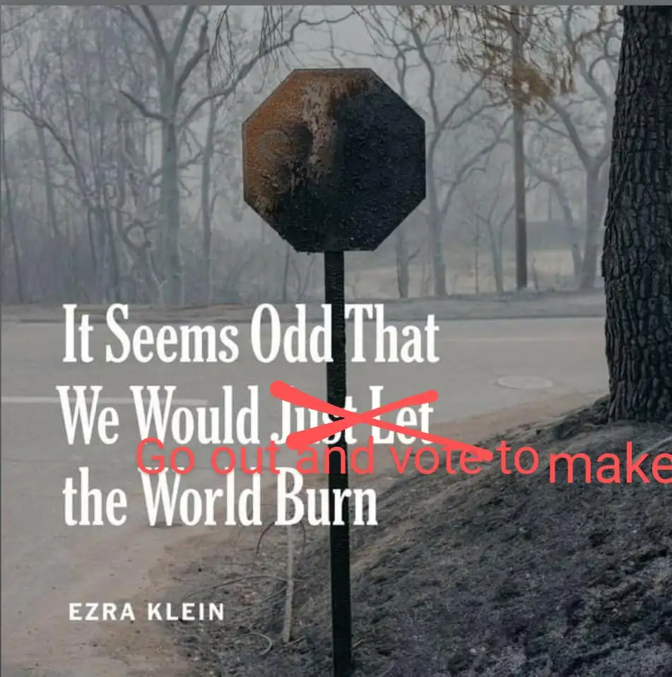 A burnt-out stop sign stands in a smoky, charred landscape with bare trees. Overlaid white text reads 'It Seems Odd That We…