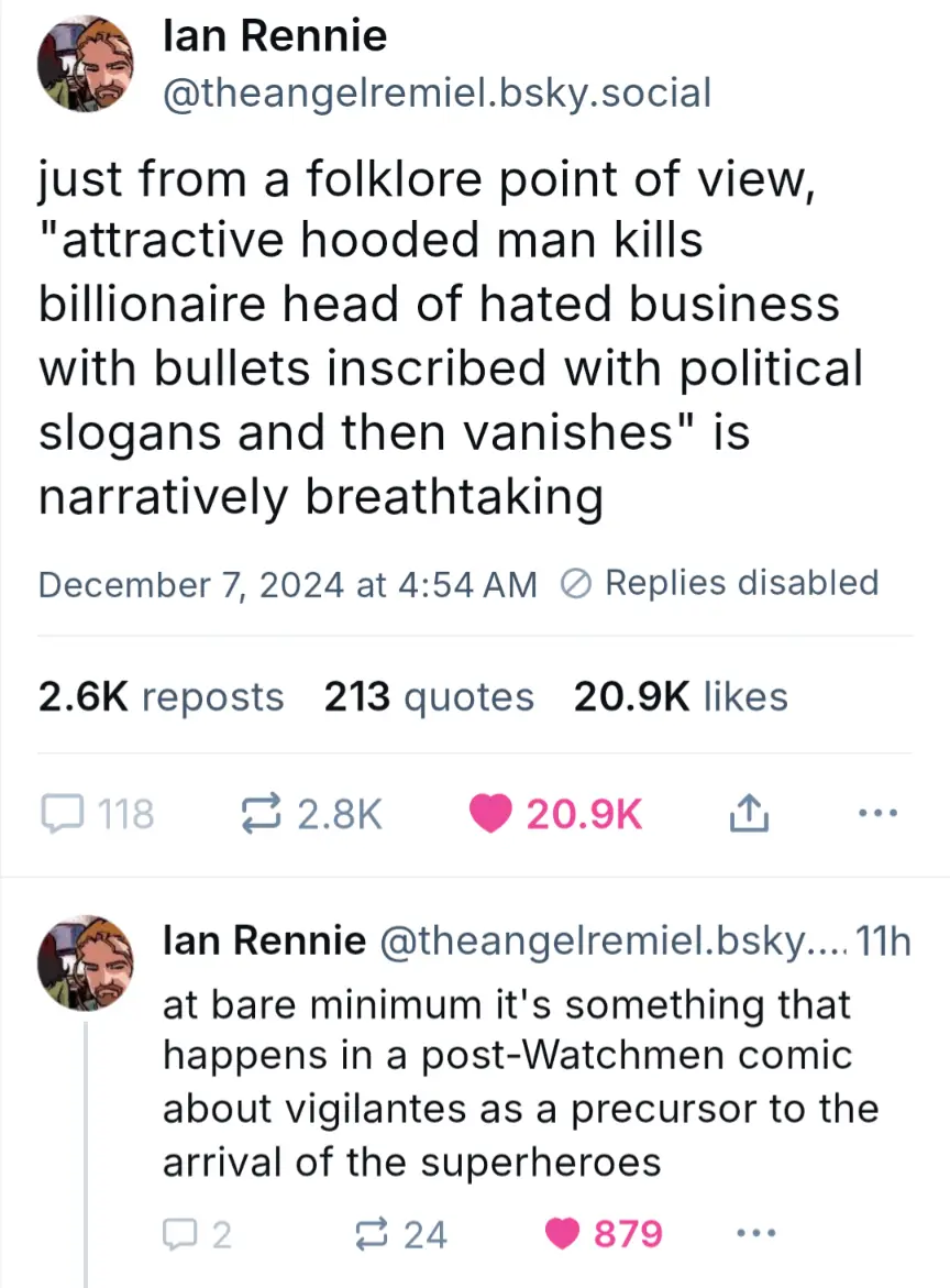 A screenshot of a social media post by Ian Rennie, who comments that a specific folklore scenario — an attractive hooded man…