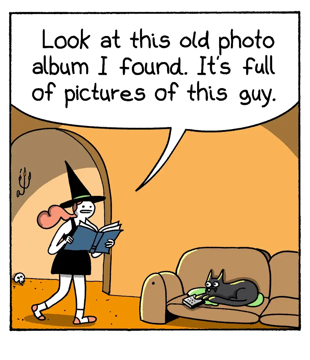 A cartoon witch in a black hat and dress walks into a room holding an open photo album, speaking to a black cat lounging on…