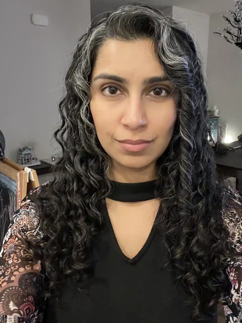 A woman with long, curly hair that is dark with prominent gray streaks looks directly at the camera with a neutral…