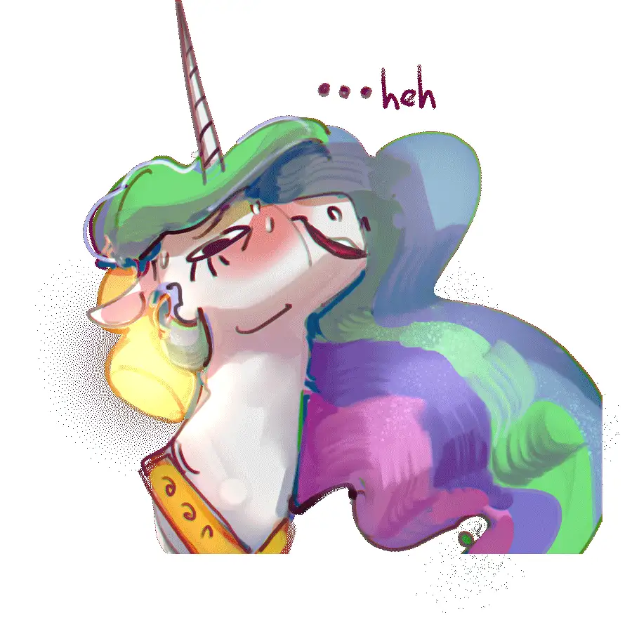 A stylized cartoon unicorn with a rainbow-colored mane and tail, wearing a yellow collar with 'vee' written on it, is shown…