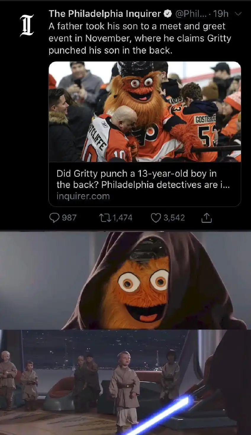 The image is a three-panel meme. The top panel shows a tweet from The Philadelphia Inquirer about a father claiming the…