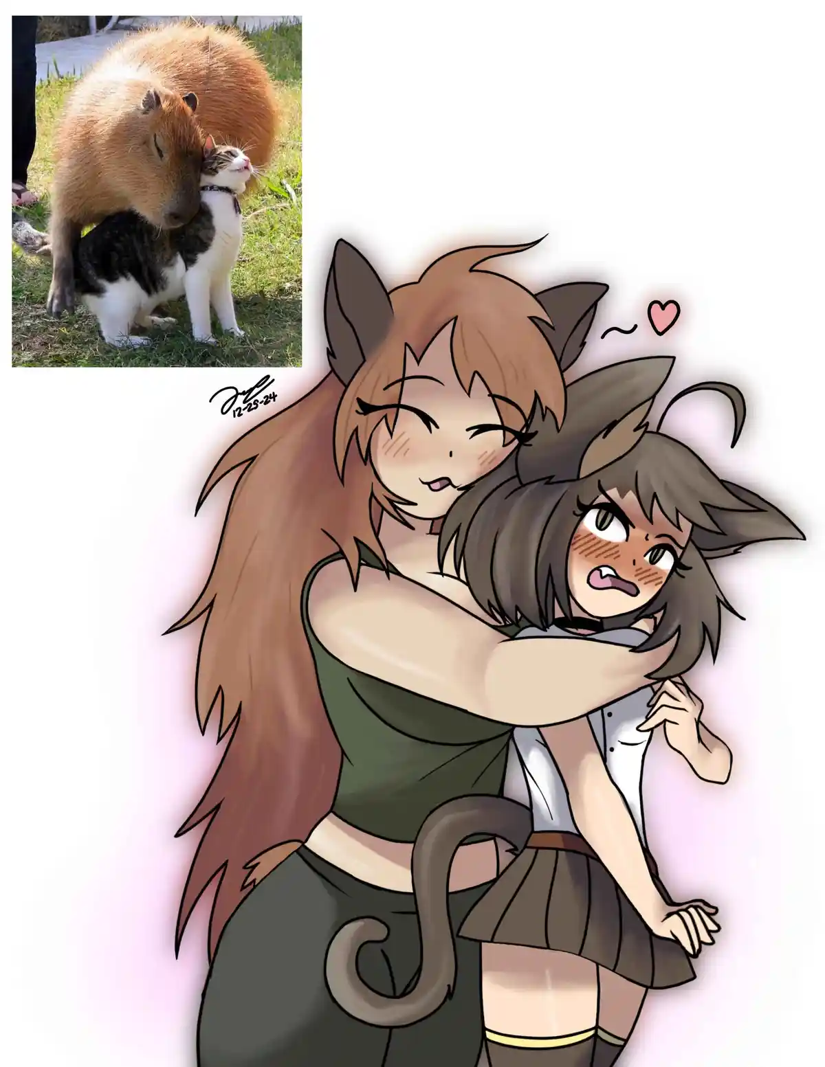 The image shows a real photo of a large capybara hugging a small tabby cat, juxtaposed with an anime-style illustration of…