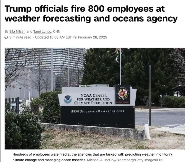 A news article screenshot shows a sign for the NOAA Center for Weather and Climate Prediction at the University of Maryland…
