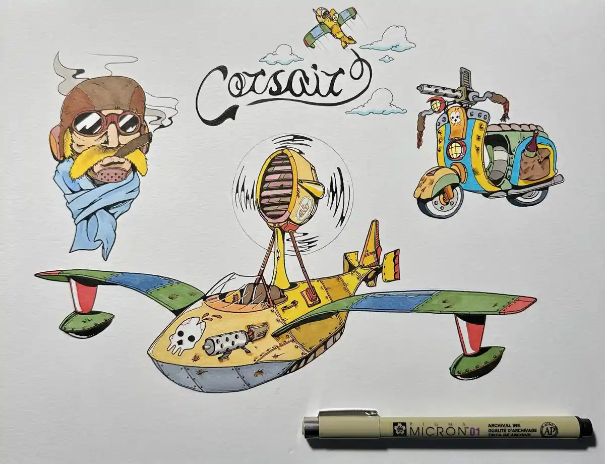 A hand-drawn illustration shows a cartoonish, yellow and green biplane with a skull emblem and a mounted gun, labeled…