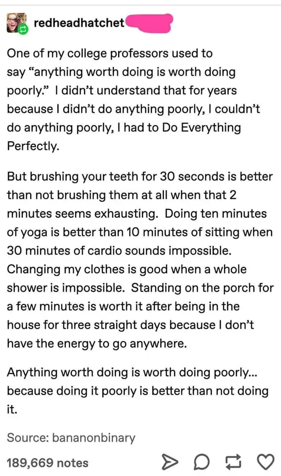 A screenshot of a Tumblr post by 'redheadhatchet' with a pink blurred area over their username. The post features a long…