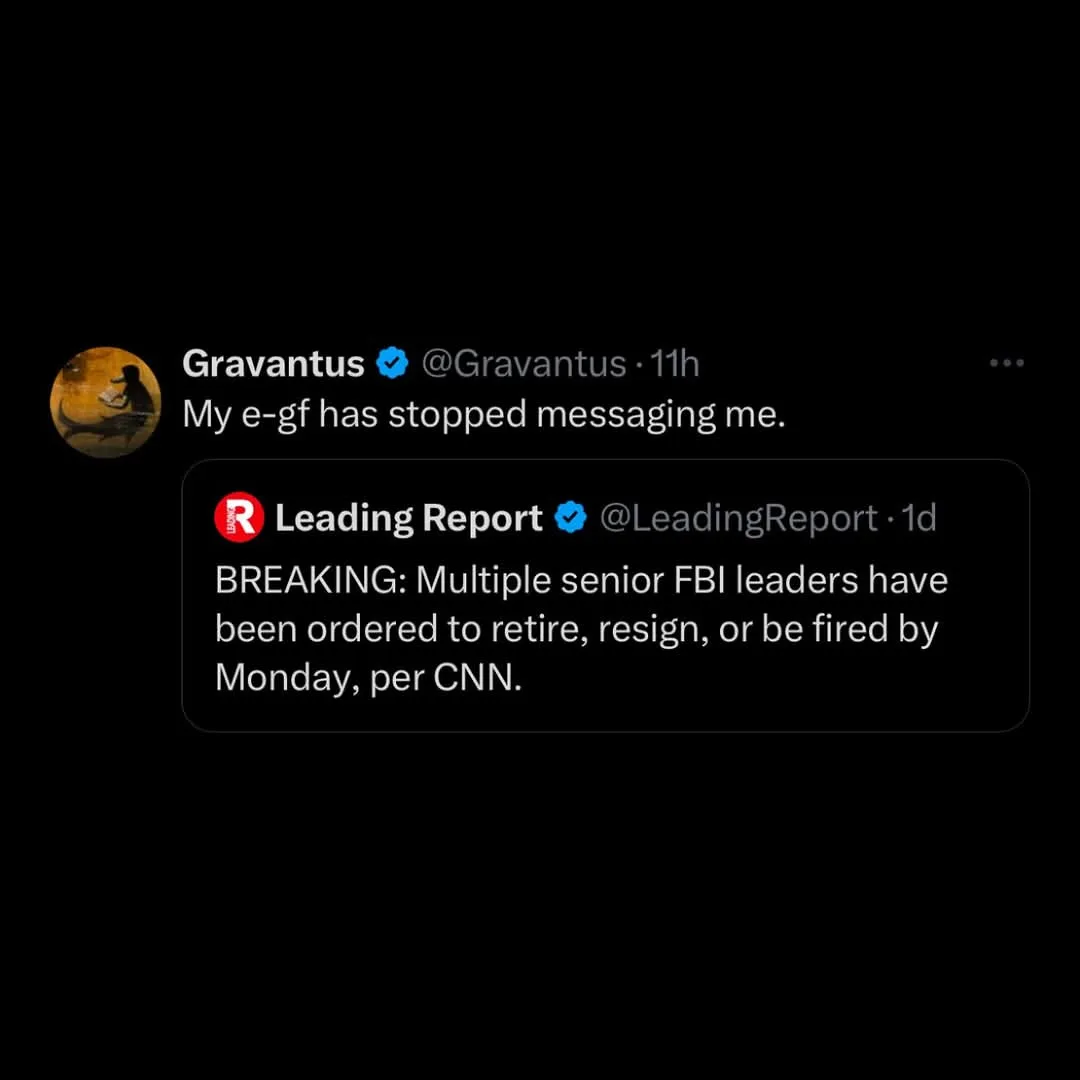 A screenshot of two Twitter posts. The top post from user 'Gravantus' says 'My e-gf has stopped messaging me.' Below it, a…