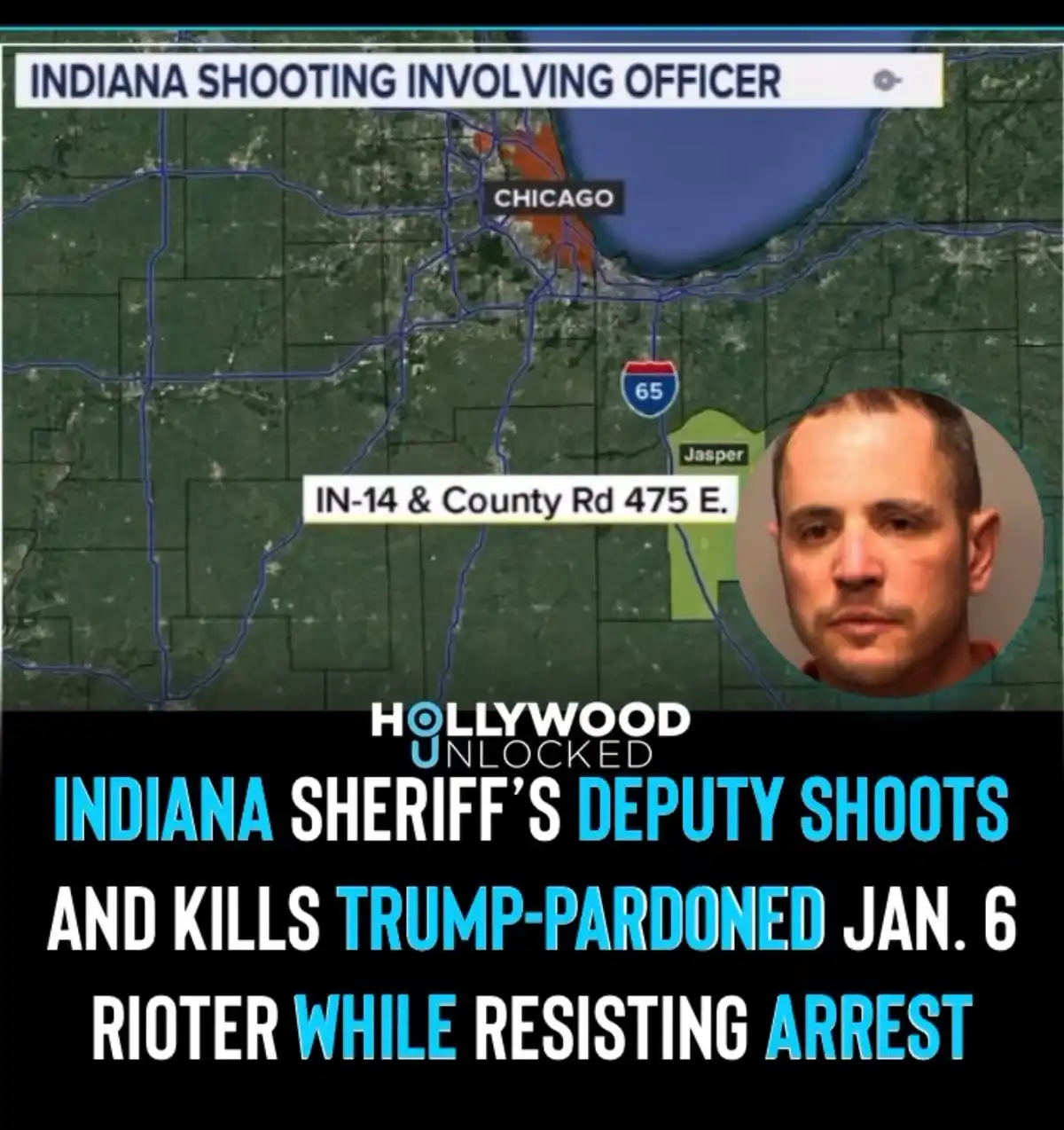 A news map graphic shows a location in Indiana near Chicago, with a mugshot of a man overlaid. The text claims an Indiana…