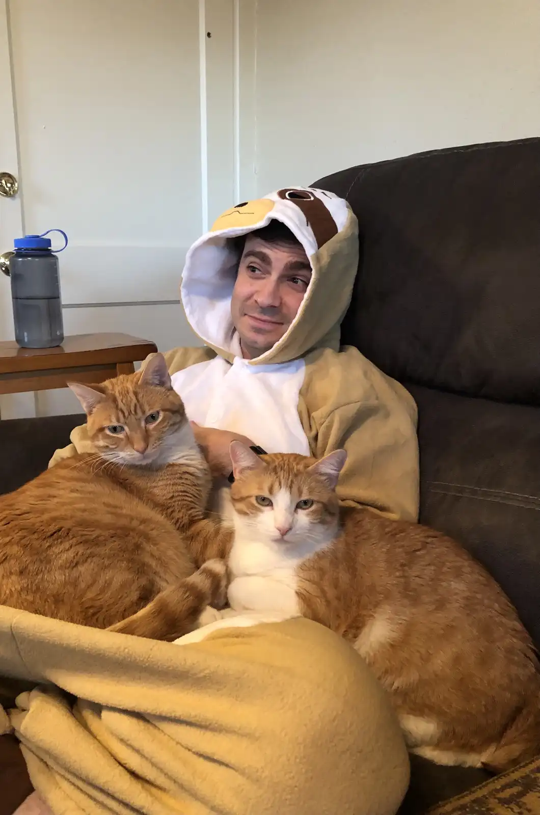 A man wearing a tan and white animal-themed hooded onesie sits on a dark couch with two orange tabby cats resting on his…