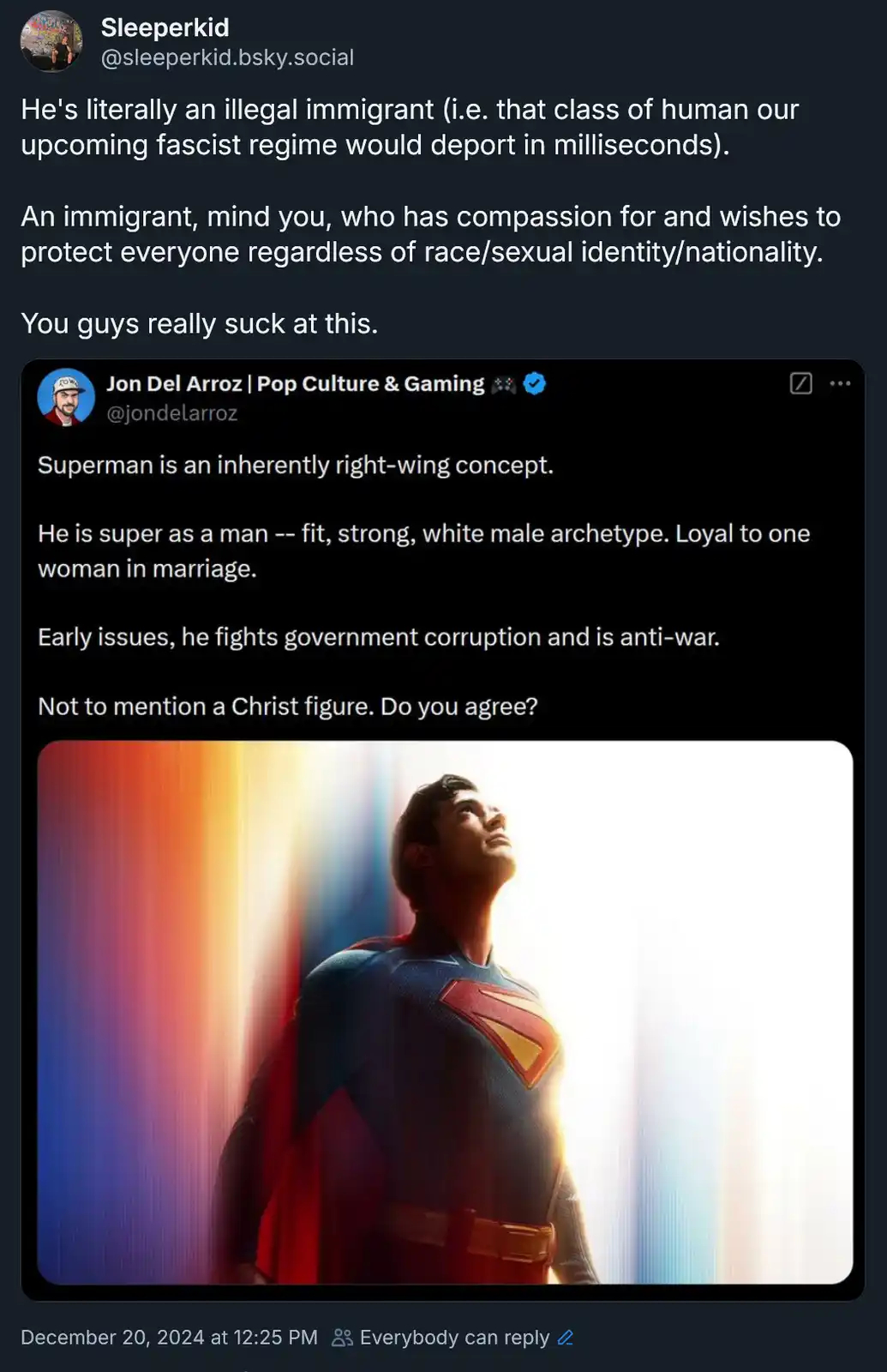 The image shows a screenshot of a social media post by Jon Del Arroz, who claims Superman is a right-wing concept due to his…