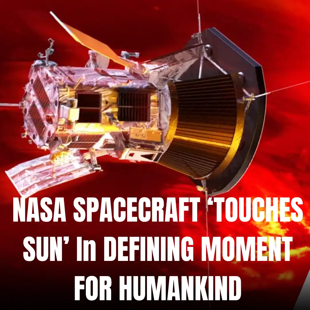 A NASA spacecraft is shown against a fiery red and orange background resembling the sun's surface. Large white text overlaid…