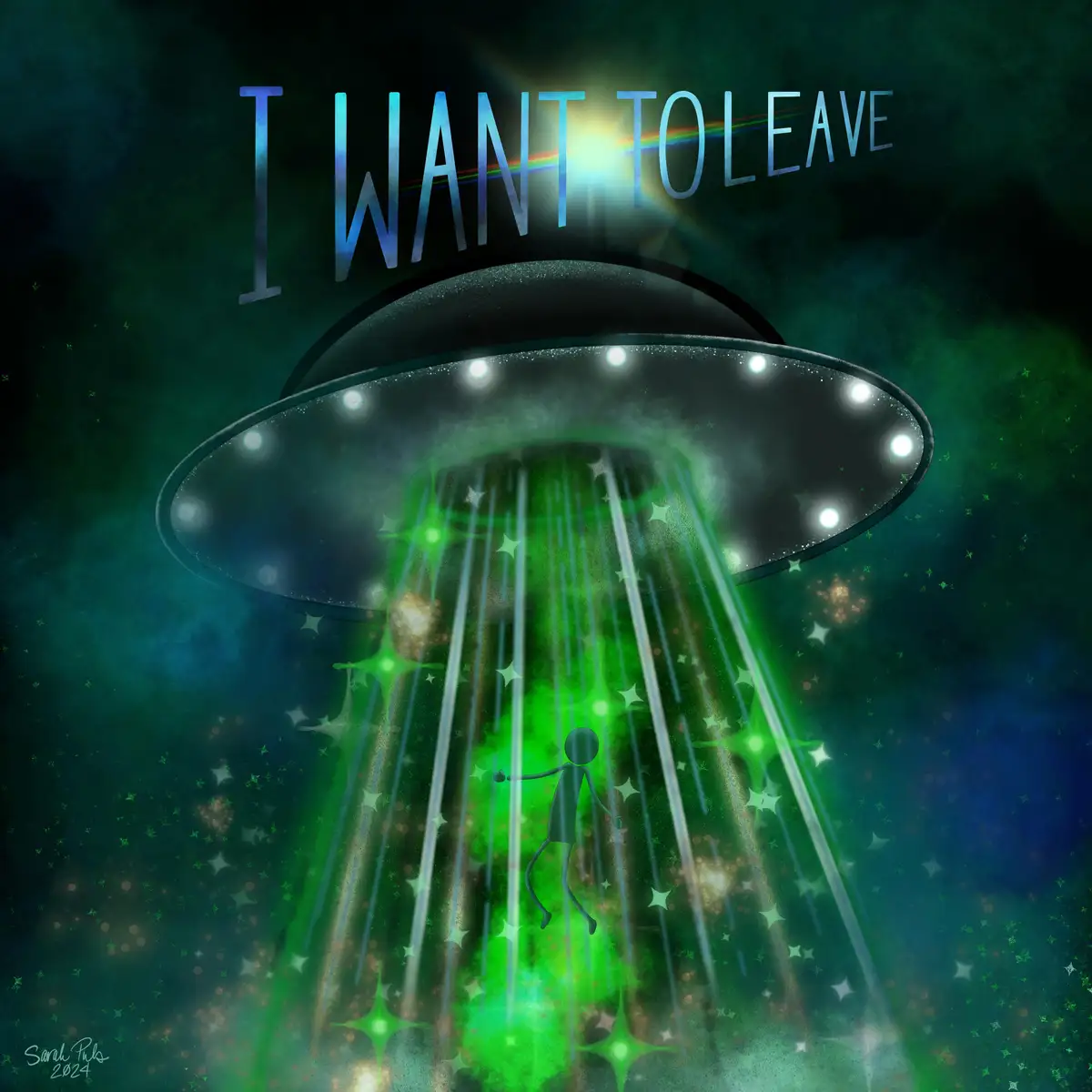 A cartoon stick figure is being abducted by a classic flying saucer emitting green beams and stars against a dark, starry…