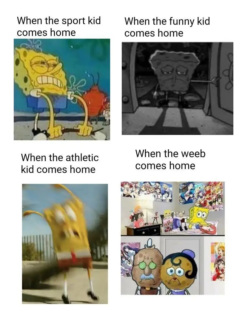 A four-panel meme using SpongeBob SquarePants in different scenarios. Top left: SpongeBob flexing angrily with text 'When…