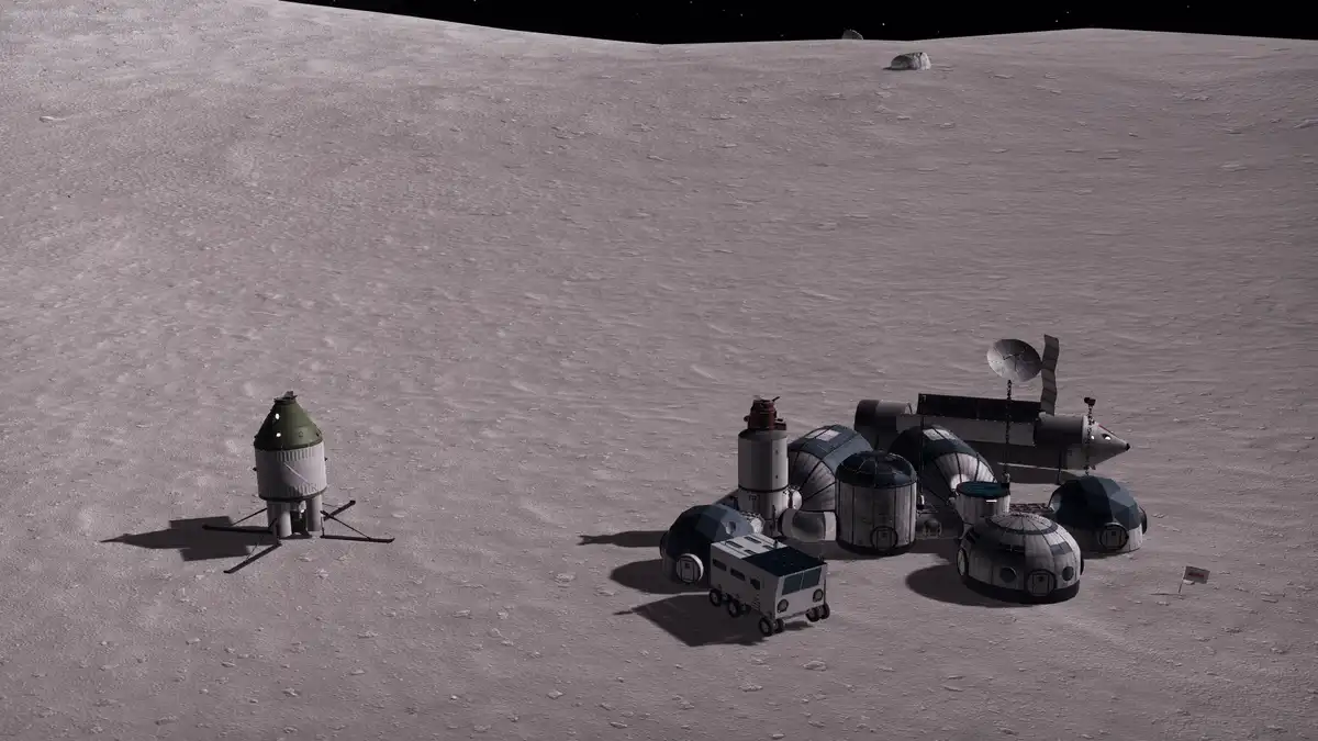 A digital rendering of a lunar surface with a small, isolated spacecraft on the left and a larger, complex space station…
