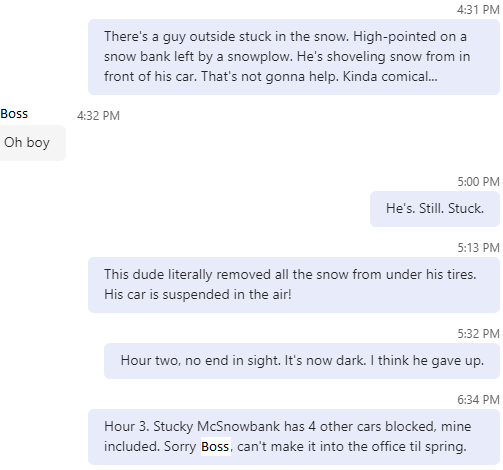 A screenshot of a text message conversation where one person describes a man shoveling snow from in front of his car, which…