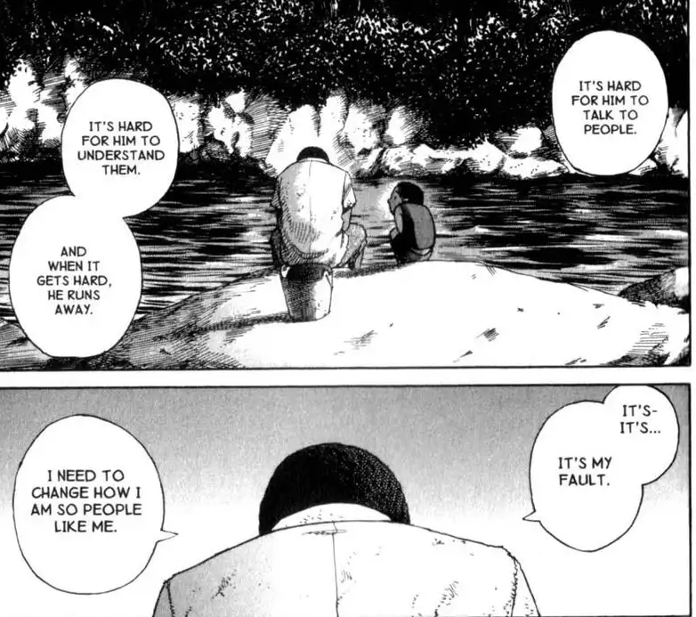 A black-and-white manga panel shows two people sitting by a river, with speech bubbles explaining that one person struggles…