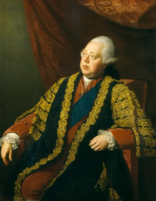 A classical portrait of a man in 18th-century formal attire, seated and looking away with a bored or disapproving…