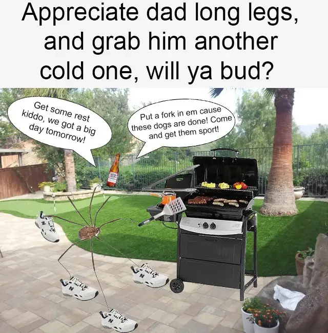 A surreal backyard scene shows a giant spider made of sneakers and a human leg, positioned near a barbecue grill. The spider…