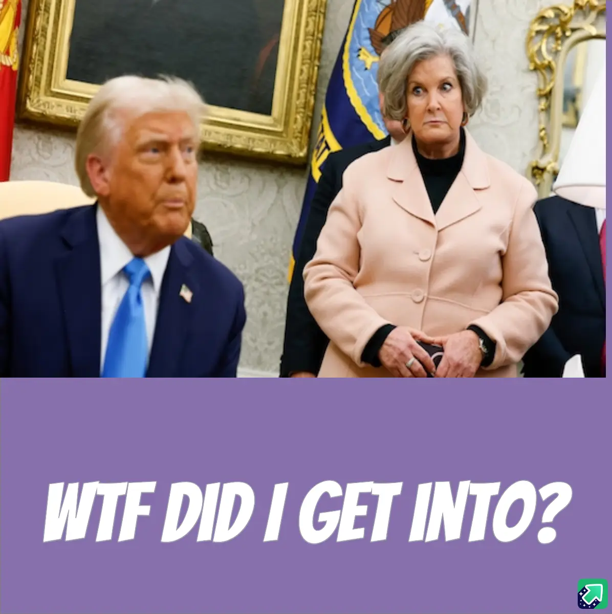 The image shows Donald Trump seated in a formal setting, wearing a dark suit and blue tie, while a woman with gray hair in a…