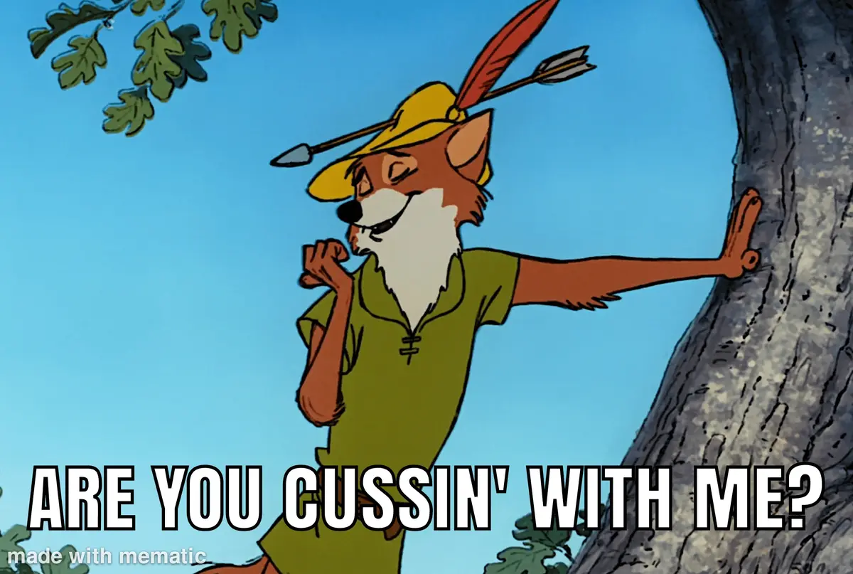 A cartoon fox dressed as Robin Hood, wearing a yellow hat with a red feather and a green tunic, leans against a tree with a…