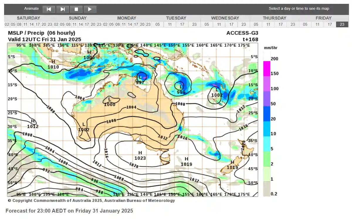 A weather map from the Australian Bureau of Meteorology showing atmospheric pressure systems over Australia and surrounding…