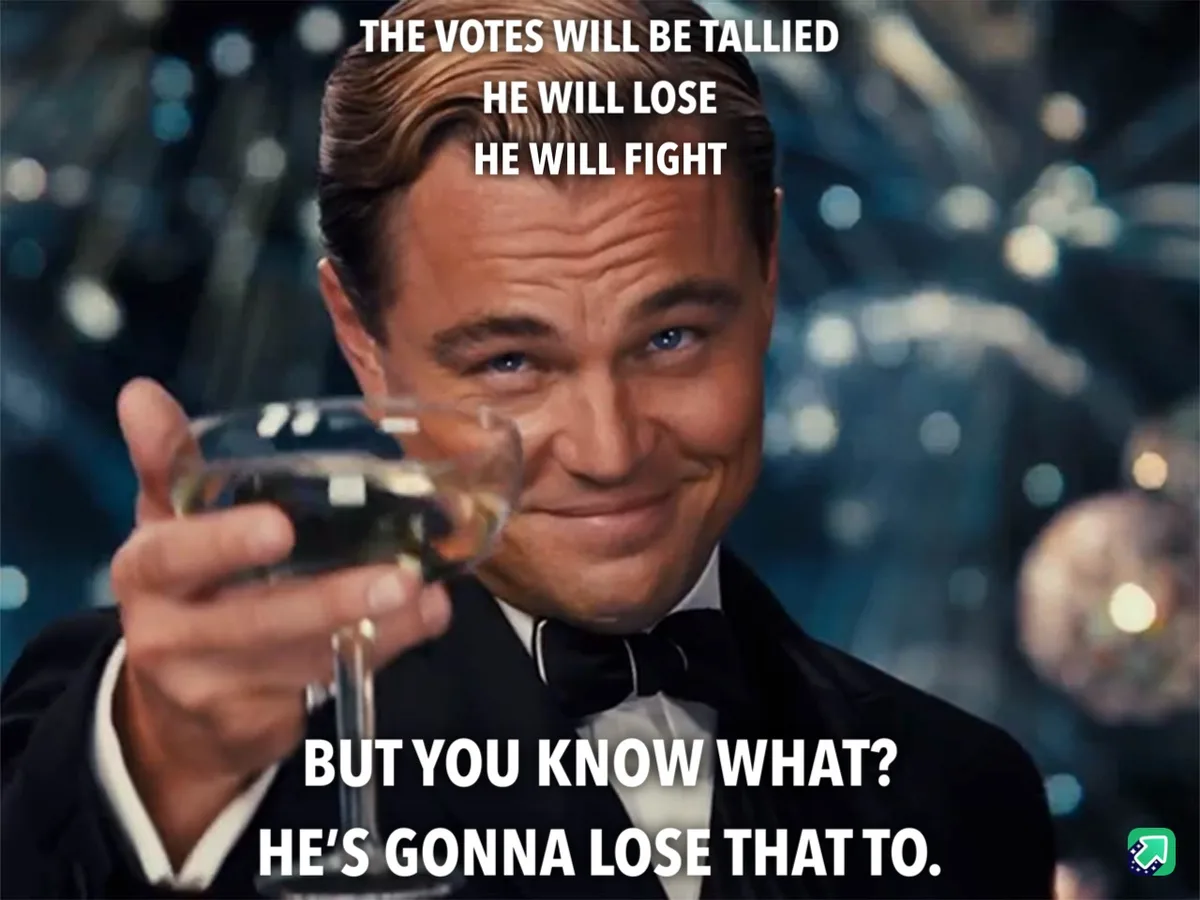 A man in a tuxedo holding a glass of champagne smiles smugly at the camera. White text overlaid on the image reads: 'THE…