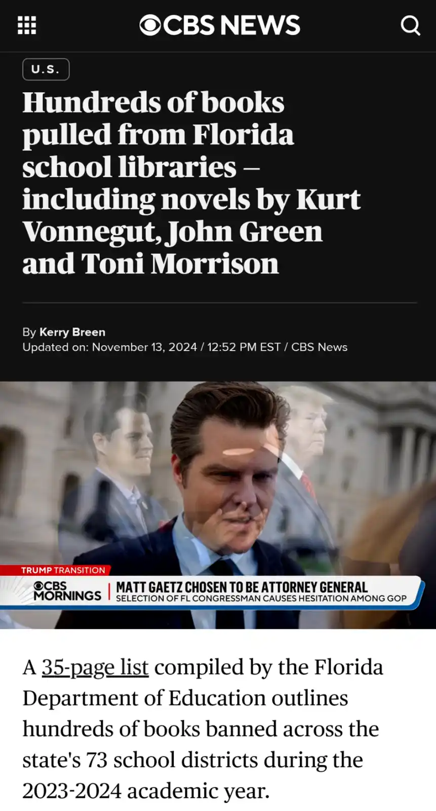 A screenshot of a CBS News article about Florida school book bans, featuring a photo of Matt Gaetz with faint reflections of…