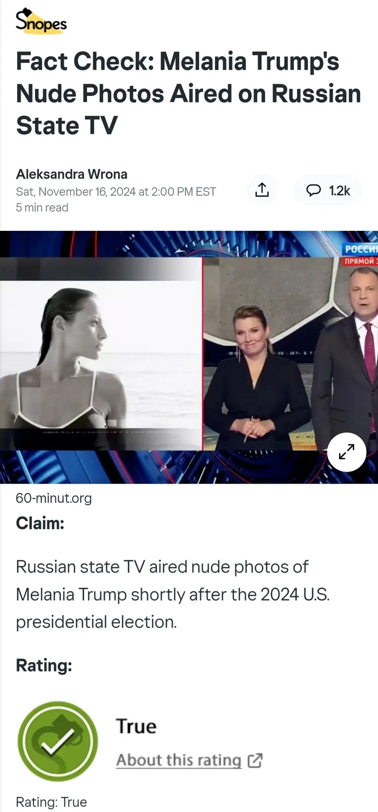 A Snopes fact-check article titled 'Fact Check: Melania Trump's Nude Photos Aired on Russian State TV' shows a split image…