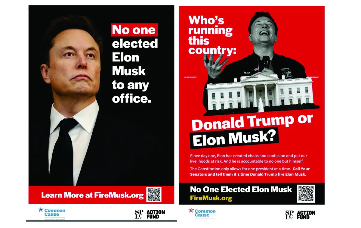The image displays two political-style posters side-by-side. The left poster shows a serious-looking Elon Musk in a suit…