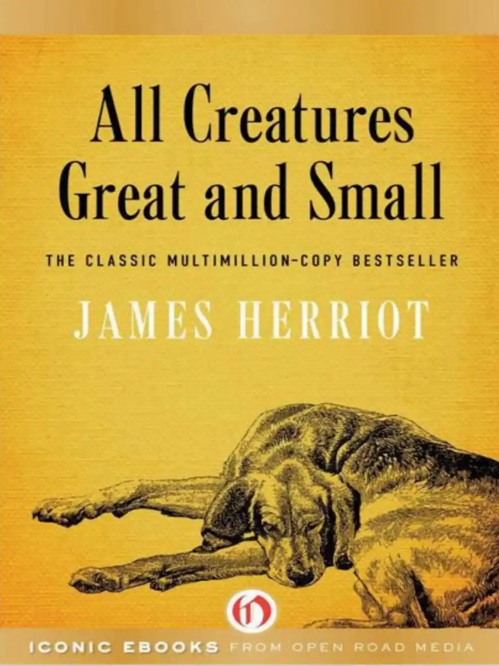 The image shows the book cover of 'All Creatures Great and Small' by James Herriot, featuring a black-and-white illustration…