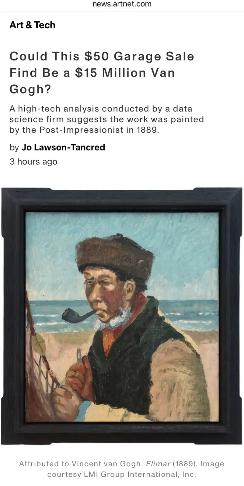 A framed painting of a man in a brown hat smoking a pipe, set against a beach scene, is overlaid with the headline 'Could…