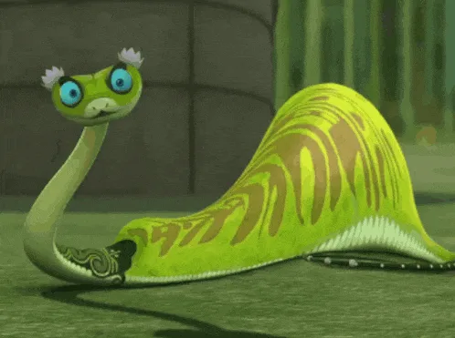 The image displays a green animated snake with large blue eyes and a small white flower on its head, shown in six identical…